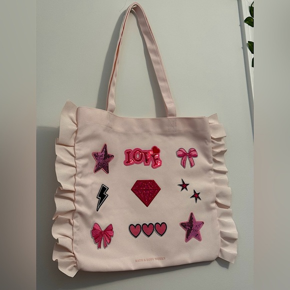 Bath & Body Works Handbags - NEW UPCYCLED B&BW Light Pink Ruffle Tote Pretty Pink Embroidered Iron On Patches